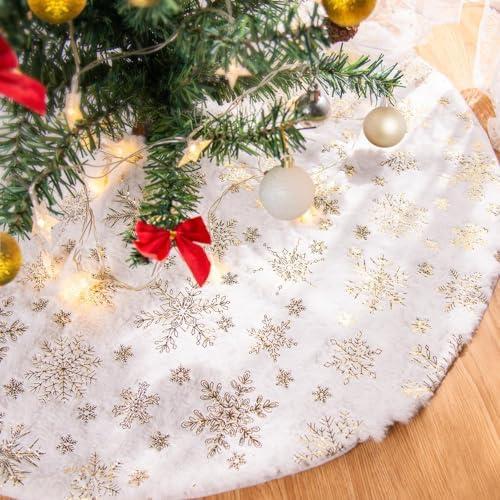 Lanpn Christmas Tree Skirt 60 inch, Xmas Tree Skirt with Snowflake Winter Christmas Tree Mat for Extra Large Artificial Trees Winter Home Party Holiday Indoor Xmas Decor (Gold, 150cm)