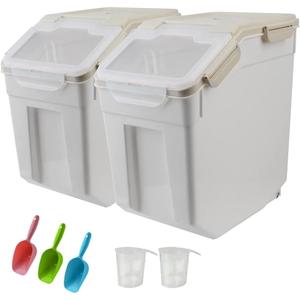 YXQ 25LB Large Flour Storage Container Bin, 2 Pack Airtight Plastic with Wheels Seal Locking Lid Dispenser Organizer Storage Bin with Measuring Cup & Scoop for Flour, Rice, Grain 50LBS Total (gray)