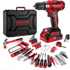 Red Drill Tool Kit Set: 20V Cordless Power Drill Tool Box with Battery Electric Drill Driver for Men Home Hand Repair Basic Toolbox Tools Sets Drills Case