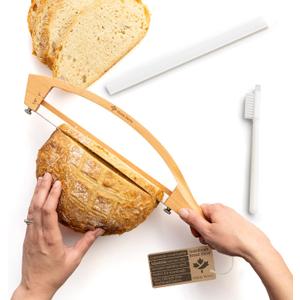 Adjustable Bread Knife for Homemade Bread - Bread Slicer with 1/2-inch and 1-inch Thickness Guides - 17 inch Bread Cutter - Bow Design Easy to Cutting Even Slices for Sourdough Baguettes Sandwiches (Beech color A)