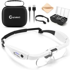 Magnifying Glass with Light, 1.5X-5.0X Magnifying Glasses, Rechargeable Magnifier Headset with Light, Head Magnifier with 4 Detachable Lenses, Magnify Glasses for Close Work Crafts Jewelry