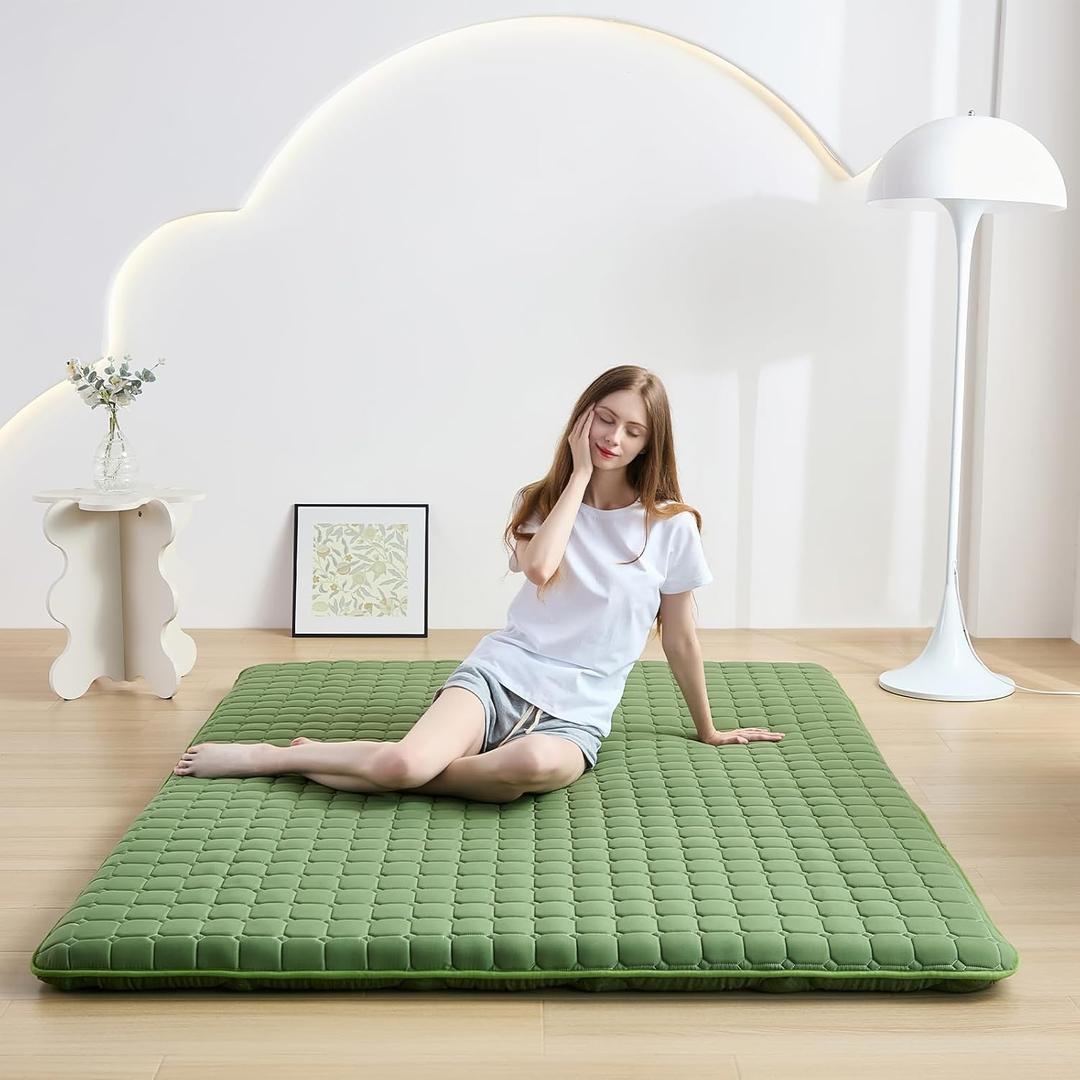 Japanese Floor Mattress Full, Anti-Slip Japanese Futon Foldable Tatami Mat for Guests, Green (Full80"L x 54"W)