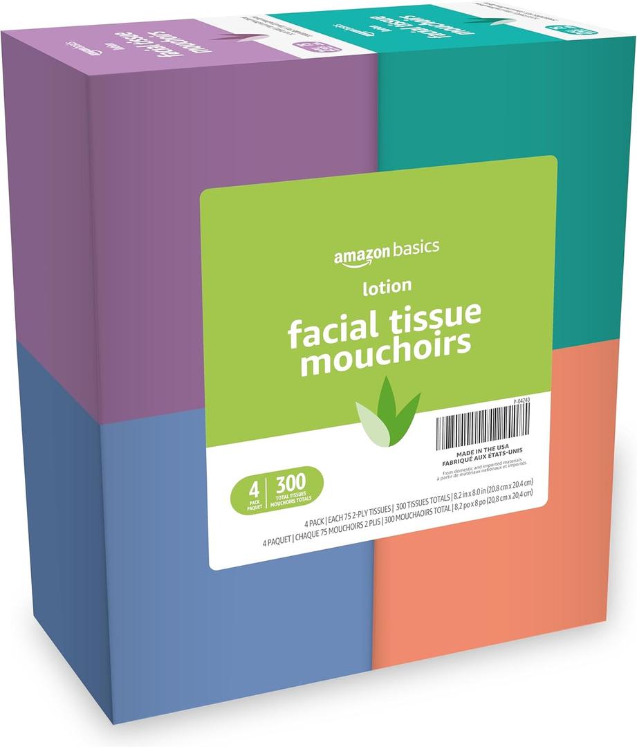 Amazon Basics Facial Tissues with Lotion, 2-Ply, 300 Count (4 Boxes, 75 Tissues per Box)