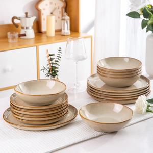 AmorArc Ceramic Dinnerware Sets,Handmade Reactive Glaze Stoneware Plates and Bowls Set,Highly Chip and Crack Resistant | Dishwasher & Microwave Safe Dishes Set,Service for 6 (18pc) (Latte)