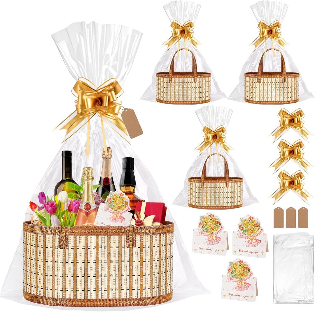 Dreamtop 3 Set Baskets for Gifts Empty, Woven Bamboo Gift Basket Empty Large with Handles, Sturdy Gift Basket Kit Empty to Fill for Christmas Birthday Baby Shower Wedding Gift (Yellow)