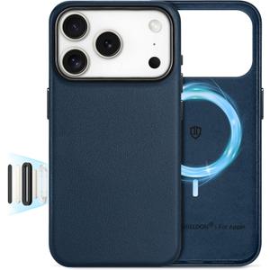 SHIELDON Genuine Leather Case for iPhone 17 Pro 6.3" 2025, [Camera Button Updated], Compatible with Magsafe, Magnetic Wireless Charging, Slim Fit, Shockproof, Metal Button, Camera Bezel - Navy Blue