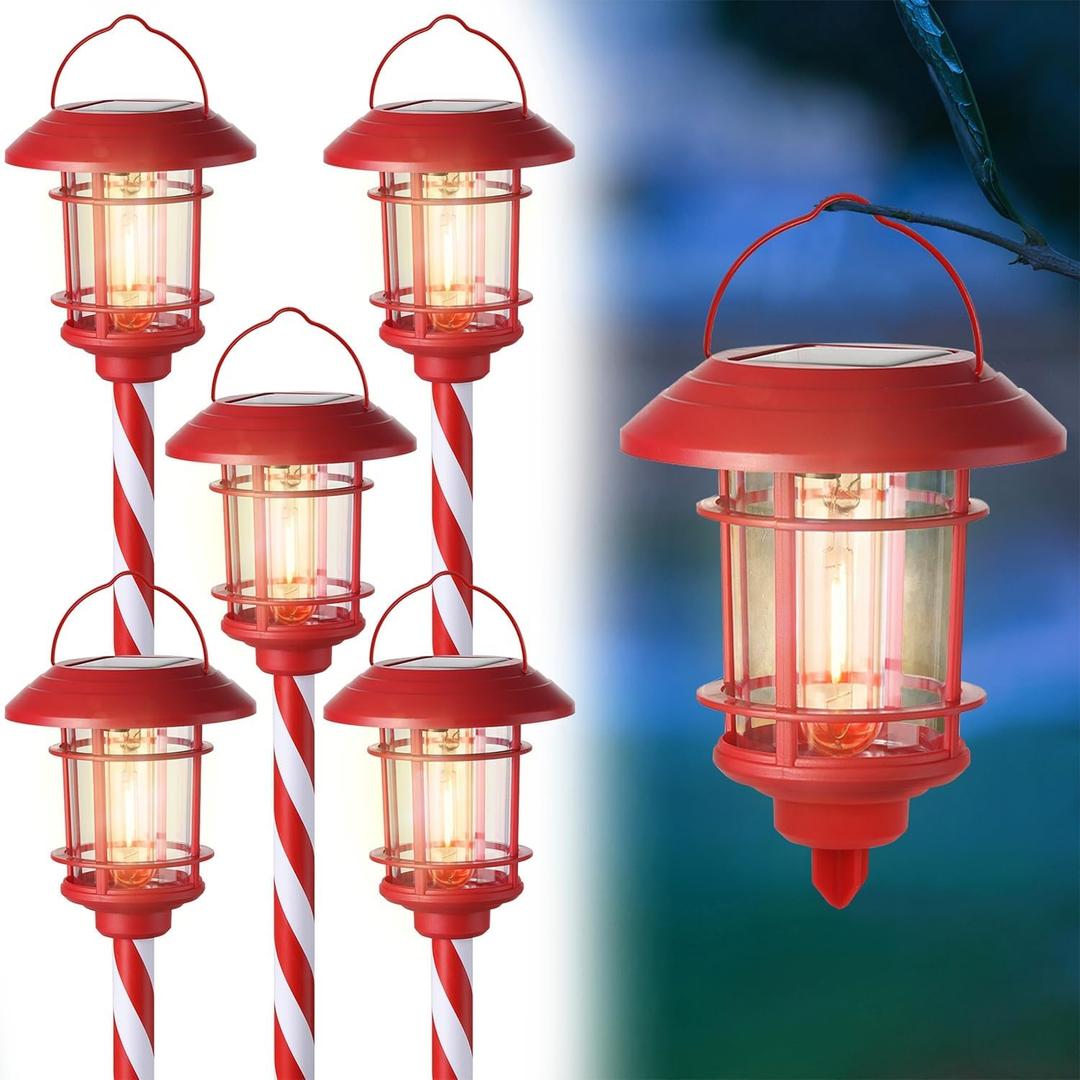 Dynaming 6 Pack Dual Use Solar Christmas Path Lights Outdoor, Hanging Lantern Solar Garden Light with Edison Bulb, Xmas Pathway Markers, Auto On/Off Candy Cane Lights for Patio Yard Walkway Driveway (Red & White)