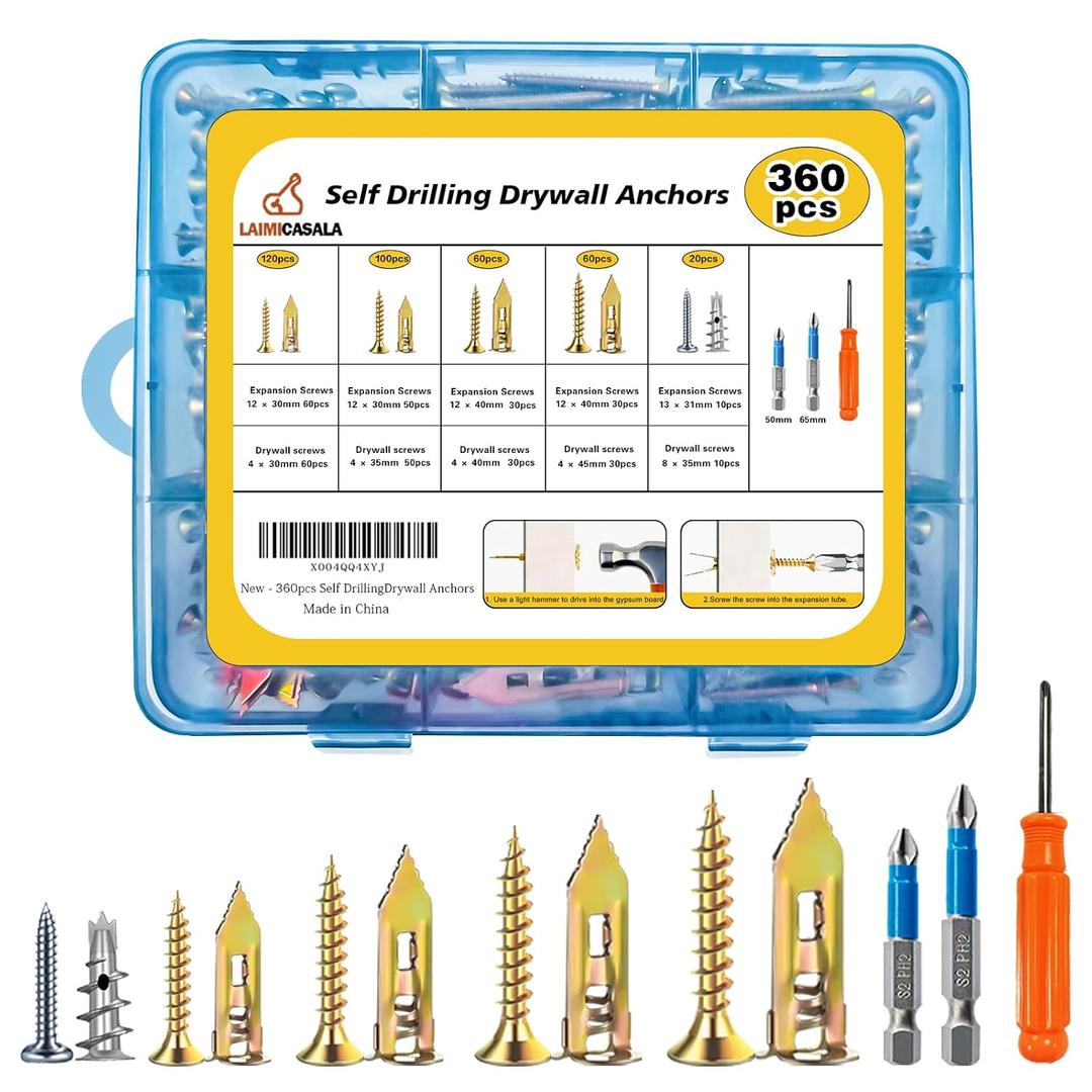 3 x 360PCS Self Drilling Drywall Anchors with Screws Kit,5-Sizes Metal Expansion Bolt for Dry Wall,180 PCS Sheetrock Anchors and 180 PCS Screws-No Drill Needed