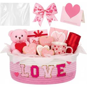 Colingmill Valentine Day Small Woven Basket, Empty Gift Basket with Gift Bag Bow and Greeting Card,Tissue Paper and Love Alphabet Patch Baby Baskets for Nursery, 12 x 8 x 5 (Pink,White)