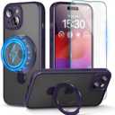 pcgaga Magnetic Phone Case for iPhone 15 [Compatible with Magsafe ] [Built-in Invisible Stand] + Screen Protector, Translucent Matte PC Cover with Slim TPU Frame 6.1" (Purple)