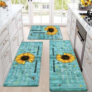 Likiyol Sunflower Kitchen Rugs Sets of 3 Kitchen Mats for Floor Anti Fatigue Mats for Kitchen Floor, Spring Floral Flower Non Slip Washable Standing Floor Mats, 18''x30''+18''x48''+18''x60''(Blue)