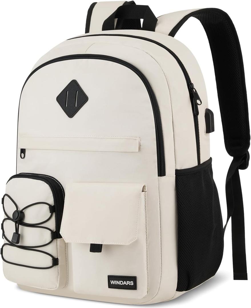 WINDARS School Backpack for Women, College Bookbag Teen Girls 15.6 Inch Laptop Bacpack Cute School Bag with USB Port for Students (Beige)