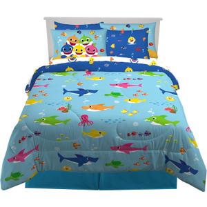 Franco Kids Bedding Super Soft Comforter and Sheet Set with Sham, 7 Piece Full Size, Baby Shark