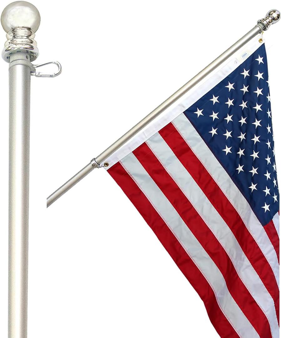 Flag Pole for House - 6 ft Heavy-Duty Aluminum Tangle Free Spinning Flag Pole with Metal Mounting Rings - Outdoor Wall Mount Flagpole for Residential Commercial (Silver, 6')