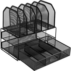 Amazon Basics Mesh Desk Organizer with Sliding Drawer, Double Tray and 5 Upright Sections, File Holder for Office Supplies, Paper Letter Tray, Black