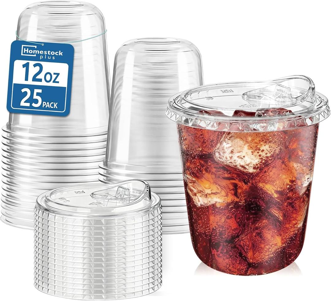 25 Pack 12 oz BPA-Free Clear Plastic Coffee Cups with Strawless Sip Lids - Leak-Proof Disposable To-Go Cups for Iced Coffee, Kids, Smoothies & Juice, Ideal for Daily Use & Small Gatherings