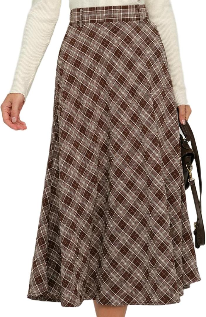 RIHOAS Long Plaid Skirt for Womens High Waist A line Flared Pleated Vintage Tartan Midi Skirts (XL)
