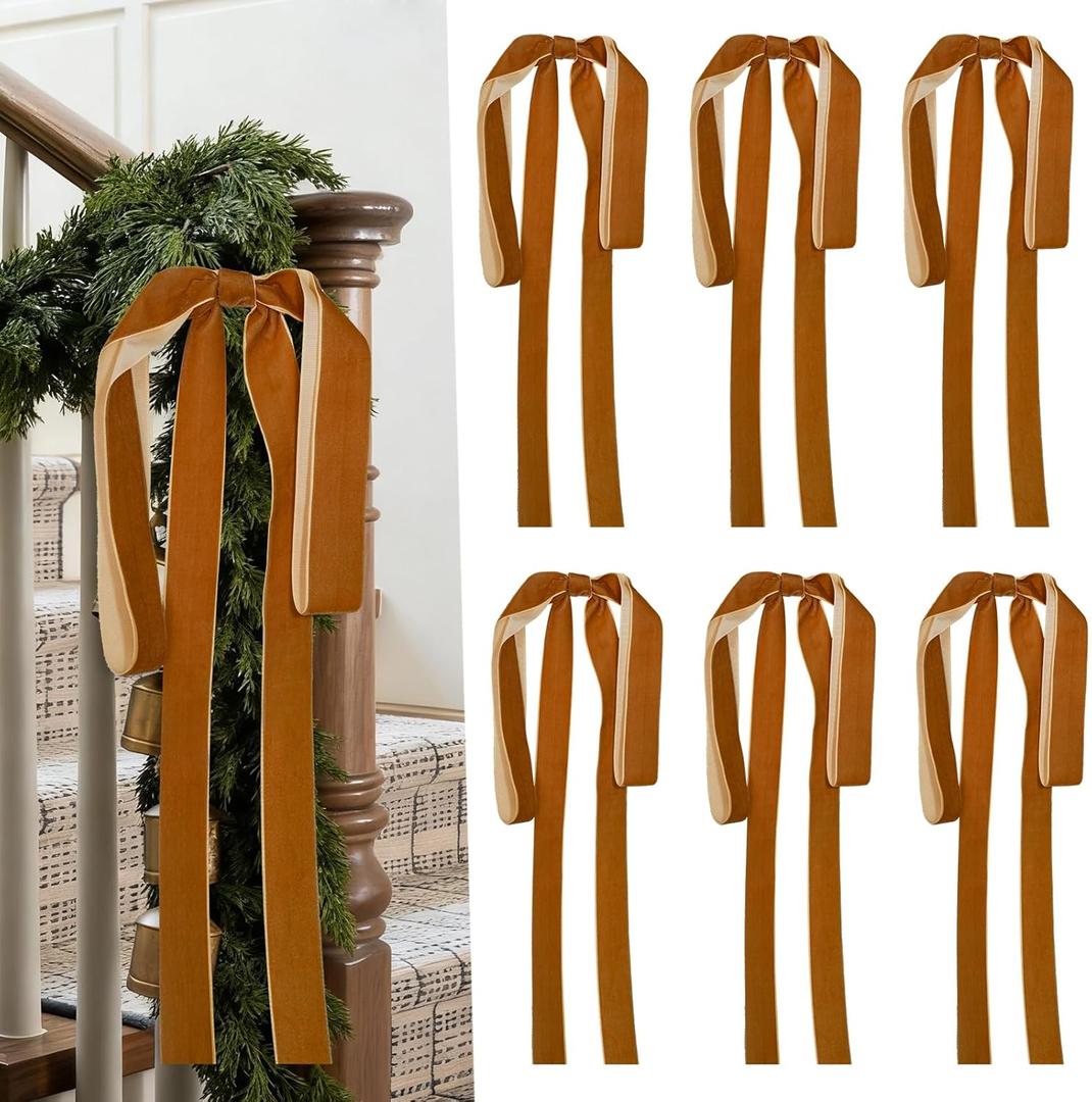 Artmag 6 Pcs Velvet Christmas Large Swag Bows 23.6x15.7 Inch Rustic Staircase Wreath Fireplace Vintage Bows for Christmas Tree Topper Holiday Indoor Outdoor Decor (Camel)