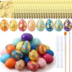 Civaner Easter Egg Decorating DIY Kit with Gold Leaf Foil - 24 Plastic Eggs, 24 Foil Sheets, Glue and Brush for Crafts, Gold Leaf Easter Decorations for Hunt Holiday Fun(Colorful)
