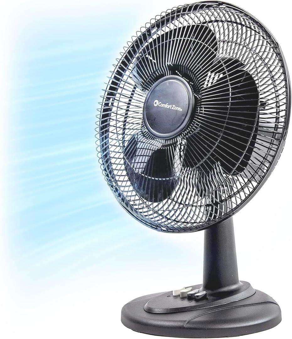 Comfort Zone Oscillating Table Fan with Adjustable Tilt, Convenient Push Button Controls, Quiet, 12 inch, 3 Speed, Desk Fan, Airflow 7.25 ft/sec, Ideal for Home, Bedroom, Dorm & Office, CZ121BK