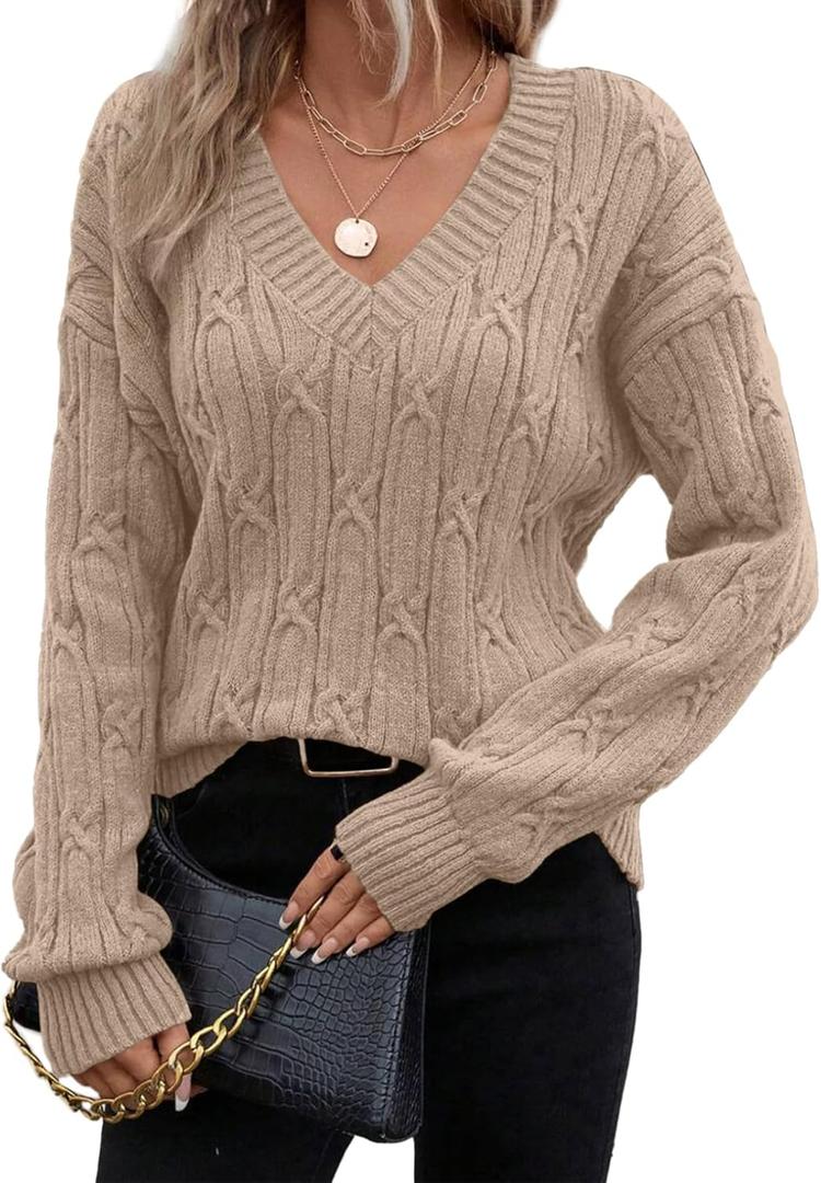 SHEWIN Womens Sweaters Casual V Neck Long Sleeve Cable Knit Crochet Sweater Spring Outfits for Women 2026 (Large, Khaki)