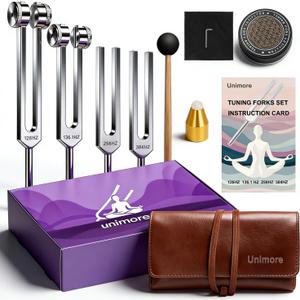 Tuning Forks for Healing Set, Includes 128Hz, 136Hz, 256Hz, 384Hz & Activator, Gem feet, Yoga and Meditation Medical Grade Accessories, Sound Therapy Music Tuning Instruments with Gift Box
