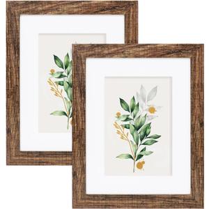 Hongkee 8x10 Picture Frame Set of 2, Made of Real Glass and Rustic Brown Wooden Frame - Display Picture 5x7 with Mat or 8x10 Without Mat, 8 by 10 Photo for Wall or Tabletop