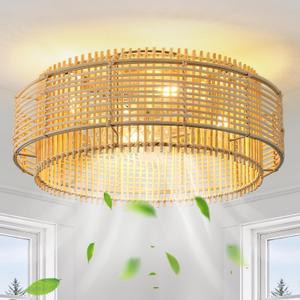 Rattan Boho Ceiling Fans Lights: 19.3'' Low Profile Layered Ceiling Fans with Light & Remote Control Flush Mount Modern Fandelier with Reversible 6 Speeds for Bedroom, Nursery, Living Room, E26 Base