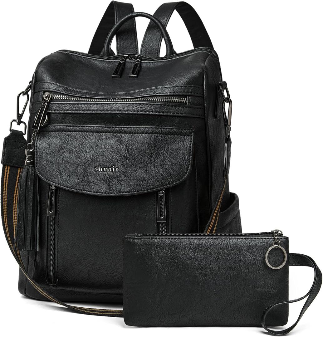 Shrrie Backpack Purse for Women Fashion Leather Backpack Purse Designer Travel Backpack Convertible Shoulder Bag with Wristlet (2-2 Two-tone Black)