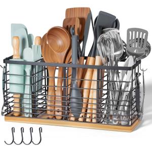 Nigelia 4 Compartments Extra Large Kitchen Utensil Holder with Wooden Base, Metal Organizer for Kitchen Countertop, Matte Black Cooking Utensils Holder with 4 Hooks for Tools Storage