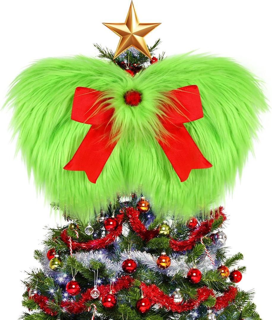 Christmas Bow, Christmas Tree Topper Bows, 18x14'' Large Fluffy Green Bow Christmas Decorations with Red Bows, Christmas Wreath Bows Hanging Ornaments for Holiday Front Door Wall Window Fireplace