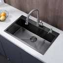30 inch Drop in Black Kitchen Sink, Single Bowl Stainless Steel Handmade Topmount Kitchen Sinks with Dish Grid and Drain, 30x18x9 inch
