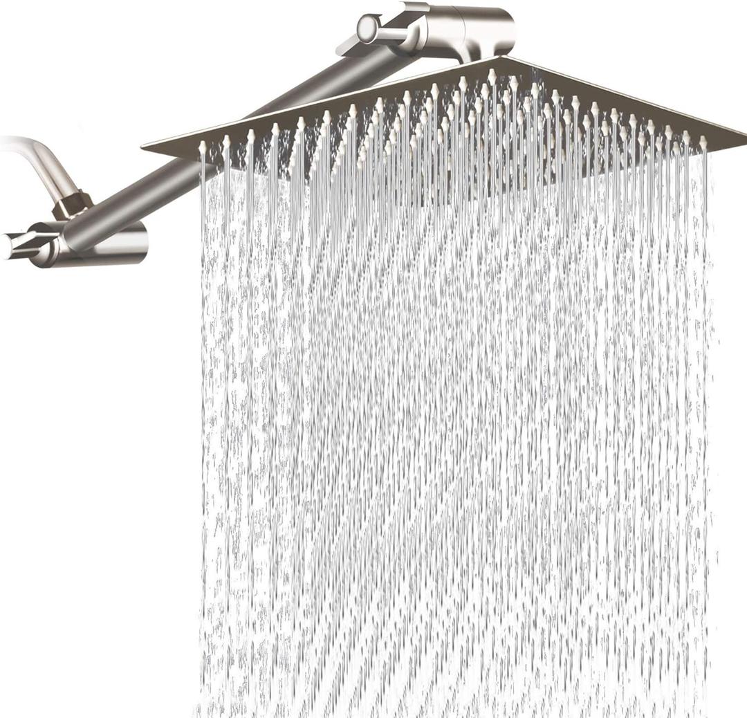 12 Inch Square Rain Showerhead with 11 Inch Adjustable Extension Arm,Large Stainless Steel High Pressure Shower Head,Ultra Thin Rainfall Bath Shower with Easy to Clean and Install-Brushed Nickel