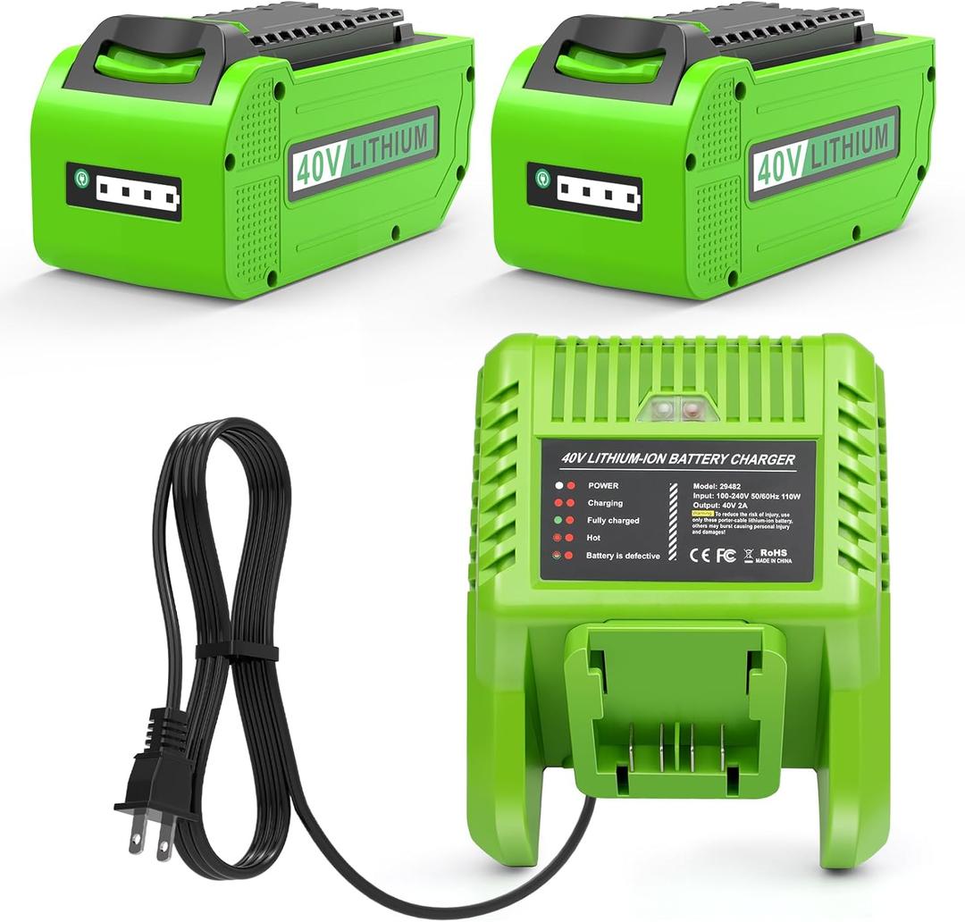 Replacement Battery and Charger for Greenworks 40V Battery Compatible with GreenWorks G-MAX 6.0Ah 40V Power Tools 29462 29252 20202 22262 25312 25322 20642 22272 27062 21242 (2pack+Charger)
