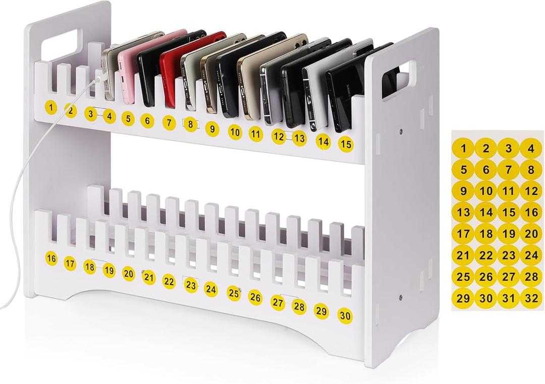 Cell Phone Holder Classroom Cell Phone Storage 2-Tier Multiple Cell Phone Stand Rack with 1-30 Number Stickers PVC Board Mobile Phone Holder Desktop Organizer for Classroom Office (30 Slots)