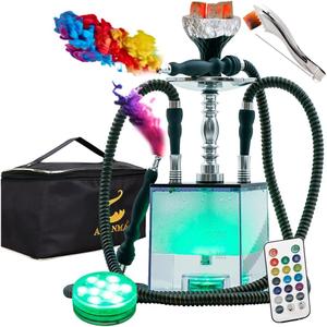 2 Hose Hookah Set With Travel Case Clean Brush, Micro Cube Acrylic Hookah with Silicone Hookah Bowl 2 Leather Hose Foil Sheet Coal Tongs Magical Remote LED Light for Better Shisha Narguile Smoking