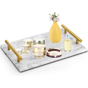 DEAYOU Decorative Tray with Gold Handles, Natural Marble Stone Tray, 12" Nightstand Serving Tray with Metal Handle, Perfume Tray Pastry Food Board for Bathroom, Vanity, Coffee Table, Desk, White