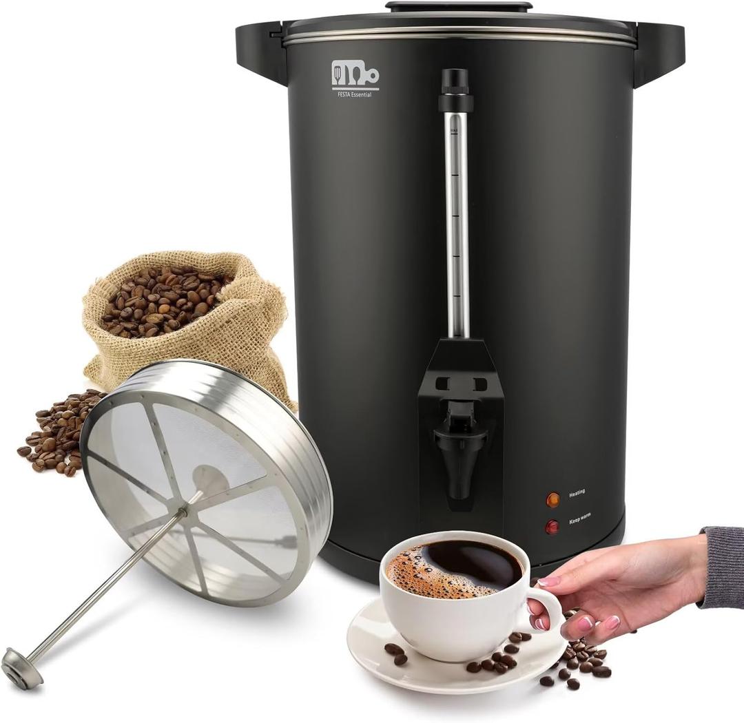 55-Cup 10L Commercial Coffee Urn, Festa Essential 750W Double Wall Large Percolate Coffee Maker Stainless Steel Hot Water Urn Dispenser with Double Dripless Faucet, Quick-Brewing for Catering, Black