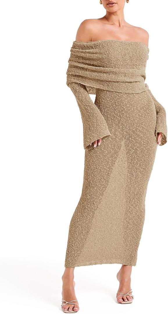 Saodimallsu Womens Off Shoulder Summer Maxi Dress Bell Long Sleeve Sexy Bodycon Strapless Sheer Beach Swimsuit Coverup (Medium, Khaki)