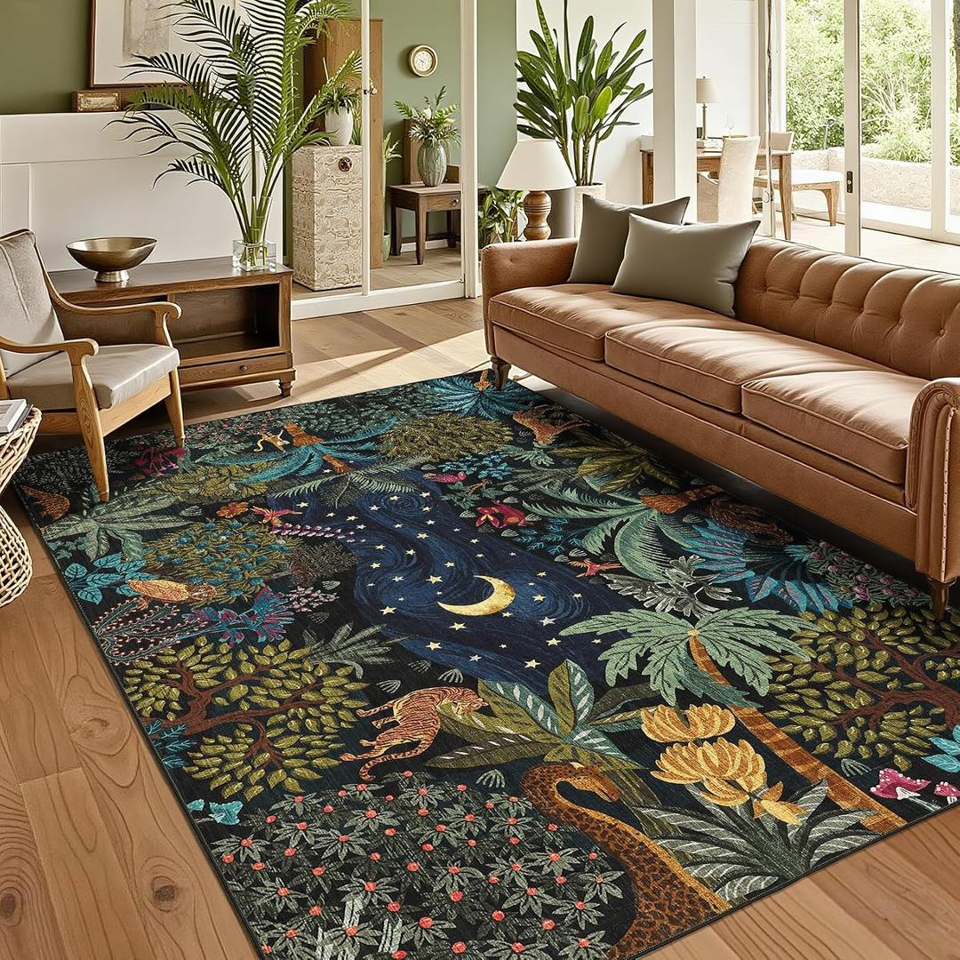 GarveeHome 5x7 Jungle Area Rug Washable Rugs for Living Room Bedroom, Soft Low Pile Non Slip Accent Floor Mat Animal Print Throw Rug Indoor Carpet Dining Room Playroom