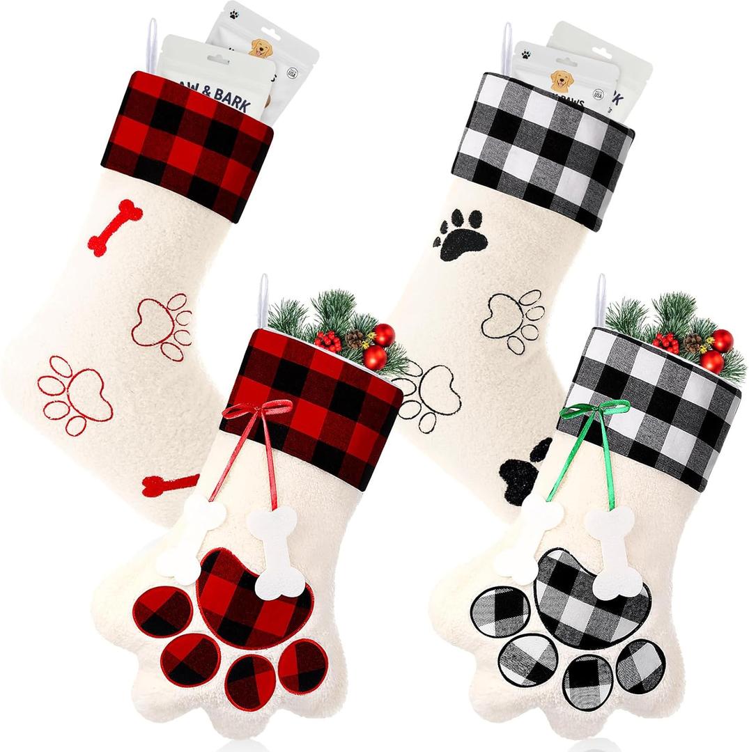 Realspring 4 Pcs Large Christmas Paw Stockings for Dog Cat Pet Christmas Hanging Stocking with Bone Pattern Tags for Puppy Xmas Gifts Party Fireplace Tree Decoration(Red,Mixed)