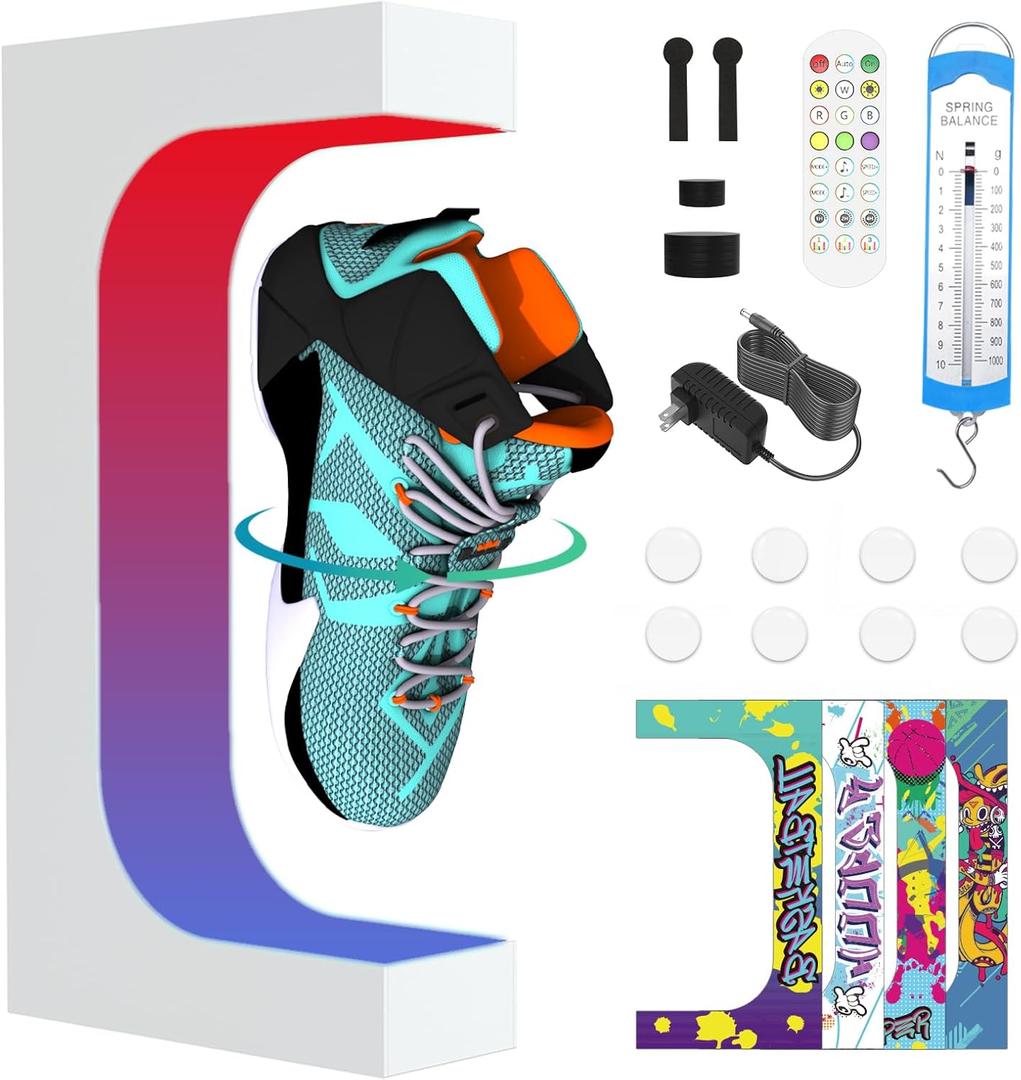 Levitating Sneaker Display, Magnetic Floating Shoe Display Stand with 360 Auto Rotation & LED Light, Levitation Sneaker Holder Rack for Shoes Collector/Advertising Exhibition/Home Decoration, White