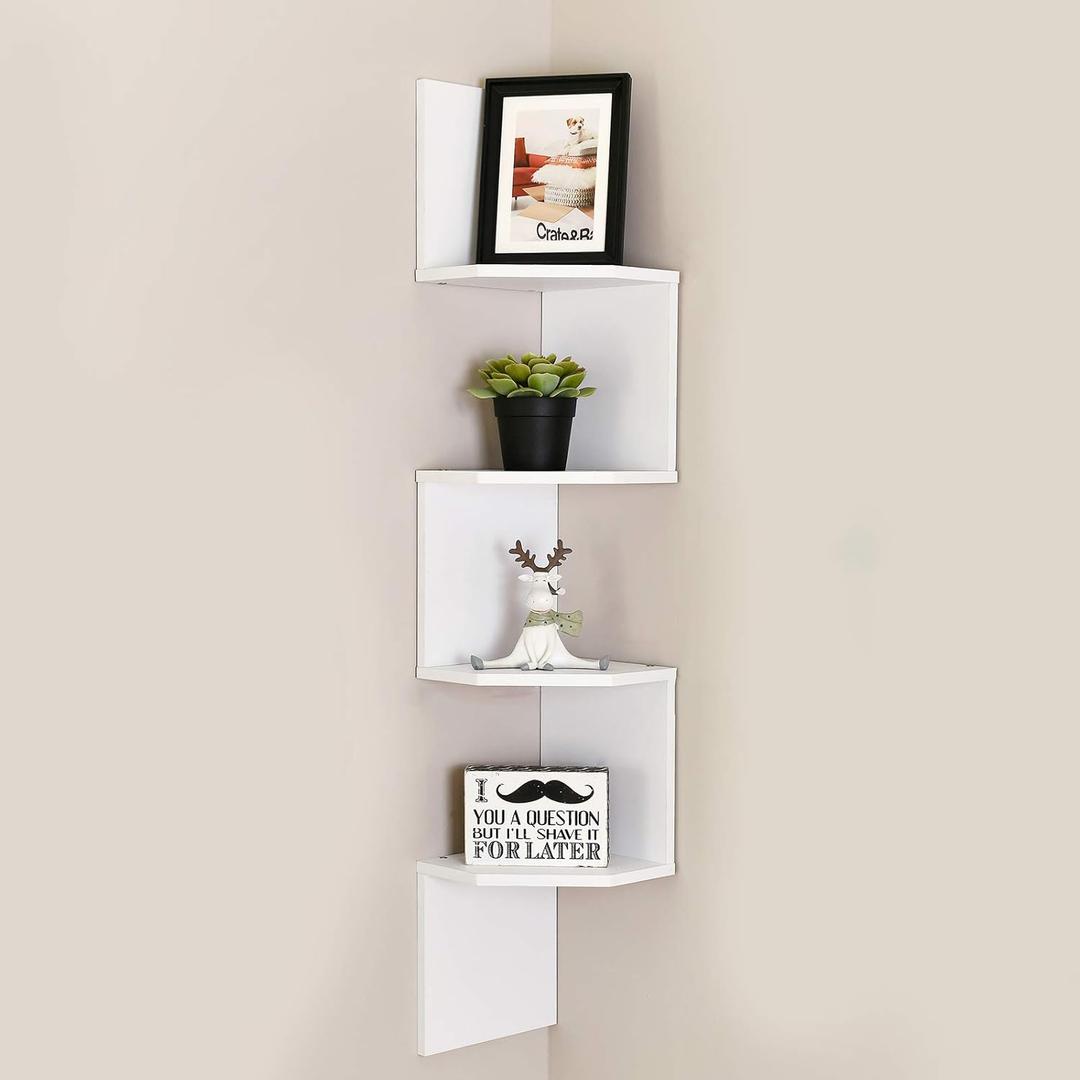 WELLAND Zig - Zag Floating Corner Shelves, 4-Tier Wall Mounted Storage Shelf with White Finish for Bedroom, Living Room, Bathroom, Display Shelf for Small Plant, Photo Frame, Toys and More
