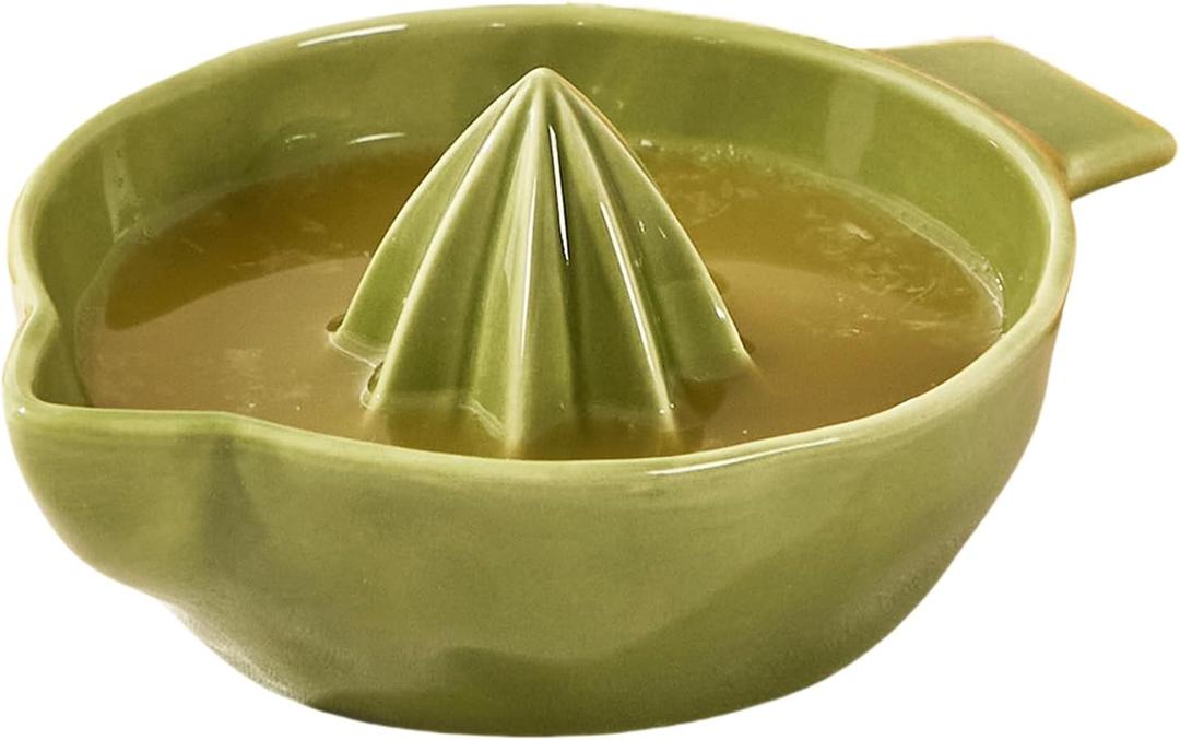 Ceramic Lemon Juicer Reamer Manual Citrus Lime Hand Squeezer Bowl with Handle and Pour Spout, Handheld, Easy to Use and Clean (Green)