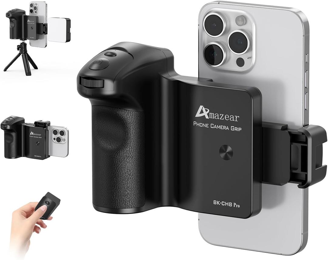 AMAZEAR Shutter Grip for iPhone 17 Pro Max/Android Mobile Phones with 5000mAh Power Bank, DSLR Camera Style Cellphone Photography Handle with Bluetooth Remote, Compatible iOS26, Black