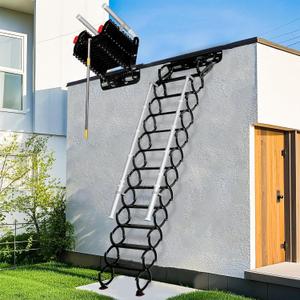 12 Steps Wall-Mounted Folding Stairs for Attic, Attic Ladder Pull Down System with Retractable Handrail& Pull Rod, Anti-Slip Steps, Attic Stairs for Home(Black, Applicable Height 9.6-10ft)
