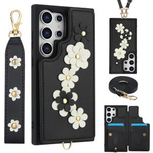 for Samsung Galaxy S25 Ultra Case with Wallet, Magnetic Snap Flip Leather Cover with Flower Design Credit Card Holder Stand WristbandSamsung S25 Ultra Protective Phone Case for Women (Black)