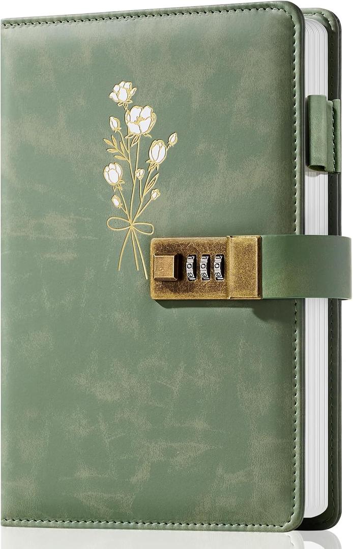 Ovesmusl Diary with Lock for Girls A5 Leather Diary for Women 260 Pages 100 GSM Refillable Journal with Lock for Teens Secrets Flower Journals with Combination Passwords, 5.7"x8.3", Green