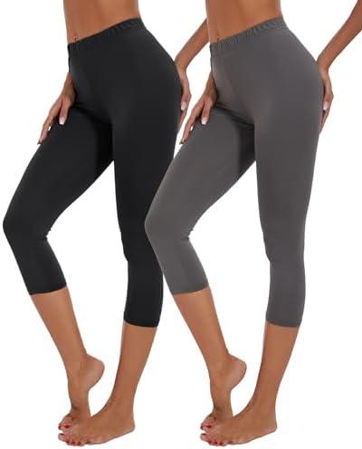 BATHRINS 2-Pack Women's Plus Size Knee Length Summer Soft Capri Pants Lightweight Breathable Leggings Black Charcoal, XXL
