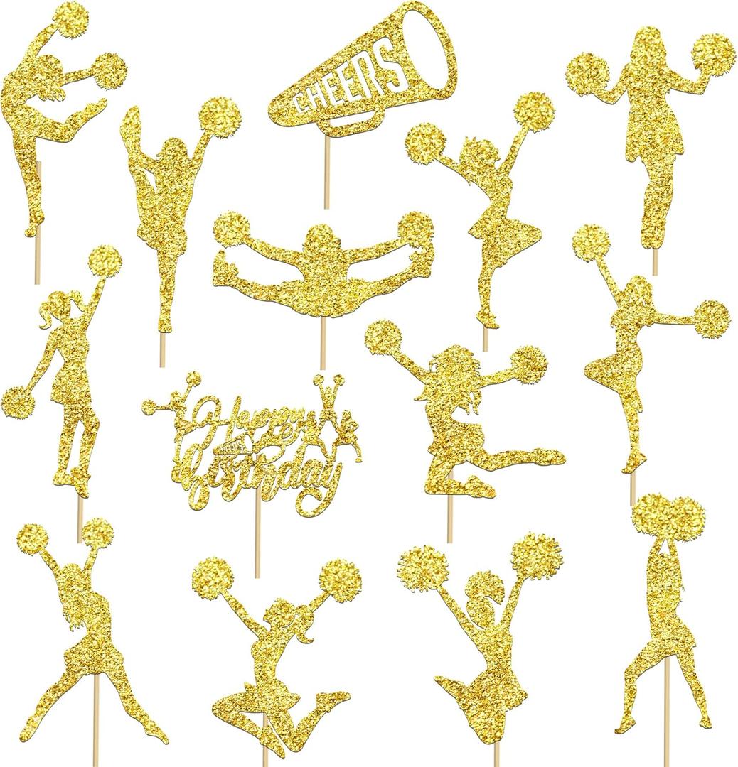 Cheerleading Centerpiece Sticks 18Pcs Cheerleading Themed Party Decorations Glitter Gold Cheerleader Birthday Table Toppers for Cheer Team Gymnastics Birthday Party Supplies